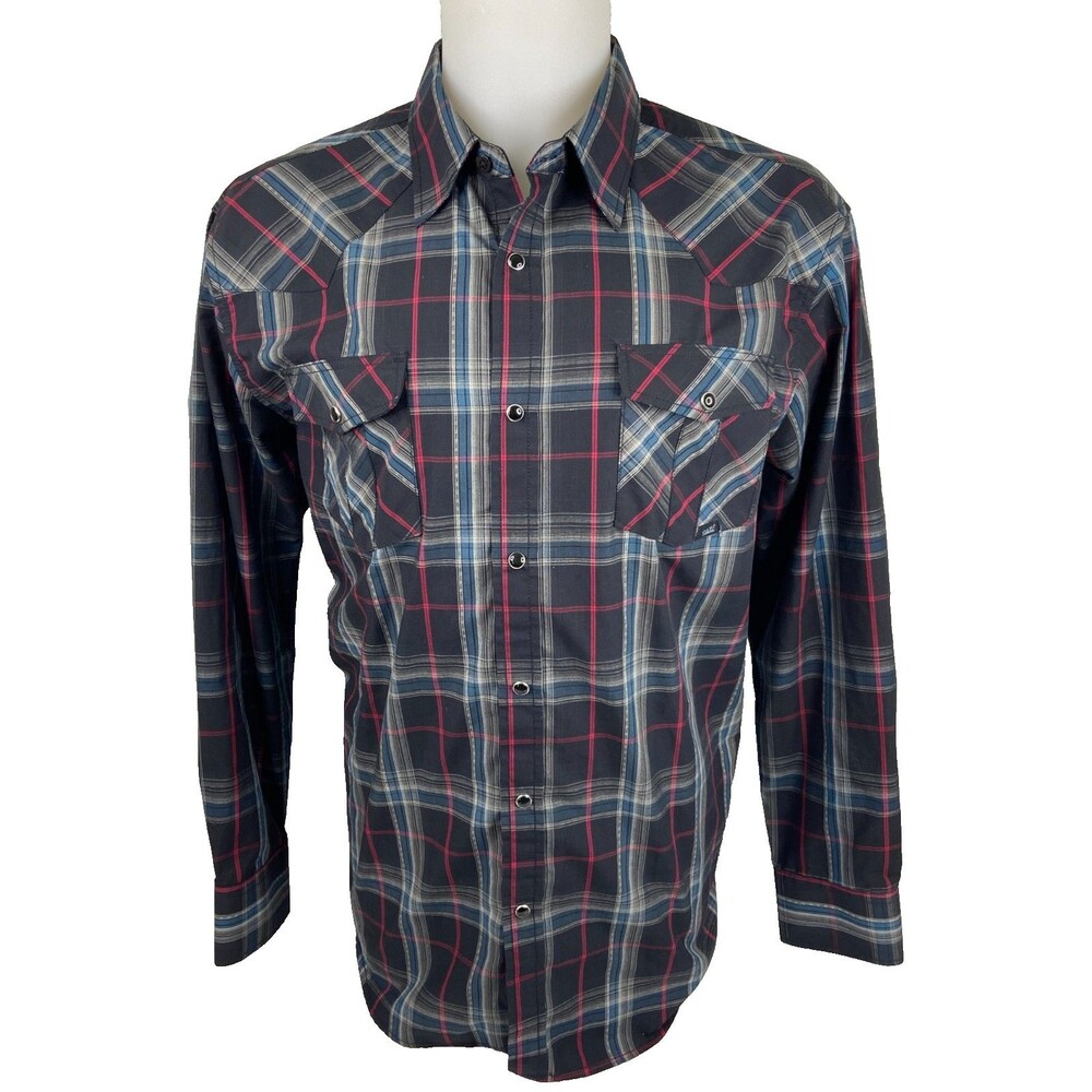 Coastal Men XL Black Plaid Pearl Snap Shirt Western Cowboy Rodeo